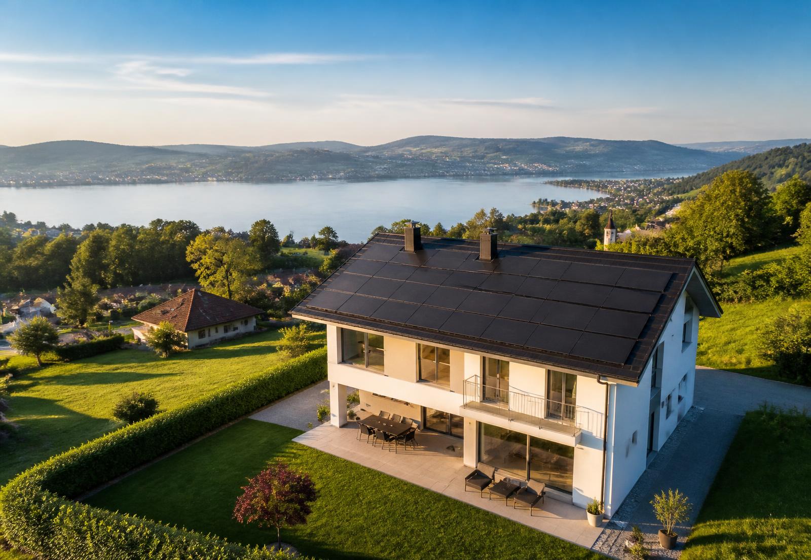 Einfamilienhaus in der Schweiz mit Photovoltaikanlage auf dem Dach